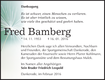 Traueranzeige von Fred Bamberg von Mitteldeutsche Zeitung Quedlinburg