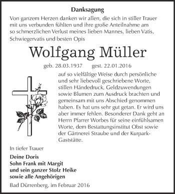 Traueranzeige von Wolfgang Müller von Super Sonntag Merseburg