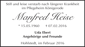 Traueranzeige von Manfred Heise von Super Sonntag SGH Mansf. Land