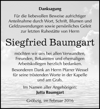 Traueranzeige von Siegfried Baumgart von Mitteldeutsche Zeitung Köthen