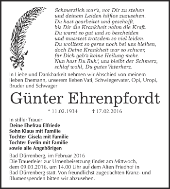Traueranzeige von Günter Ehrenpfordt von Super Sonntag Merseburg
