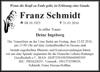 Traueranzeige von Franz Schmidt von WVG - Wochenspiegel Dessau / Köthen