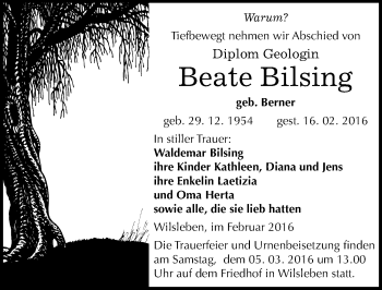 Traueranzeige von Beate Bilsing von Mitteldeutsche Zeitung Aschersleben