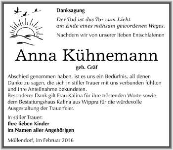 Traueranzeige von Anna Kühnemann von Mitteldeutsche Zeitung Mansfelder Land