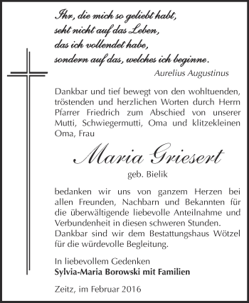 Traueranzeige von Maria Griesert von Super Sonntag Zeitz