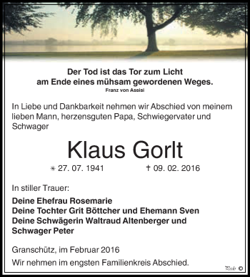 Traueranzeige von Klaus Gorlt von WVG - Wochenspiegel NMB / WSF / ZTZ