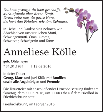 Traueranzeige von Anneliese Kölle von Mitteldeutsche Zeitung Quedlinburg