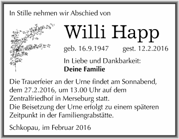 Traueranzeige von Willi Happ von WVG - Wochenspiegel Merseburg