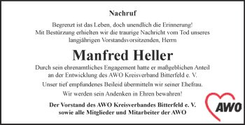 Traueranzeige von Manfred Heller von WVG - Wochenspiegel Bitterfeld