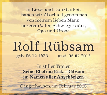 Traueranzeige von Rolf Rübsam von Super Sonntag SGH Mansf. Land