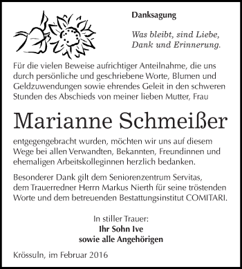 Traueranzeige von Marianne Schmeißer von WVG - Wochenspiegel NMB / WSF / ZTZ