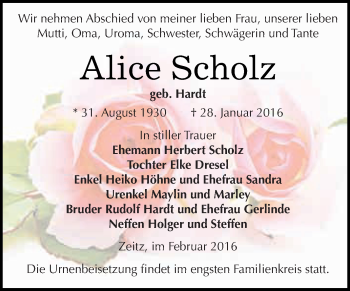 Traueranzeige von Alice Scholz von Super Sonntag Zeitz