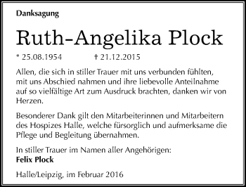 Traueranzeige von Ruth-Angelika Plock von Mitteldeutsche Zeitung Halle/Saalkreis