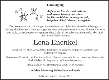 Traueranzeige von Lena Enenkel von Super Sonntag Aschersleben