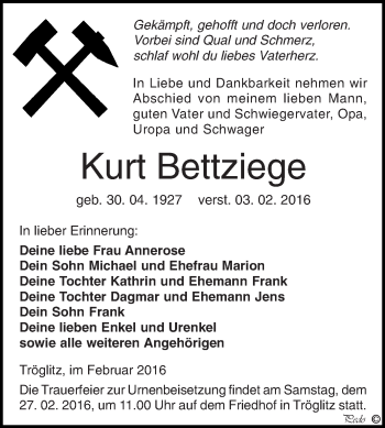 Traueranzeige von Kurt Bettziege von Super Sonntag Zeitz