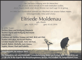 Traueranzeige von Elfriede Moldenau von Super Sonntag SGH Mansf. Land