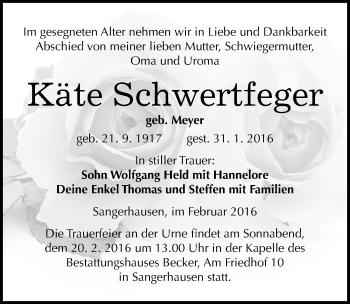 Traueranzeige von Käte Schwertfeger von Mitteldeutsche Zeitung Sangerhausen