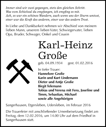 Traueranzeige von Karl-Heinz Große von Mitteldeutsche Zeitung Sangerhausen