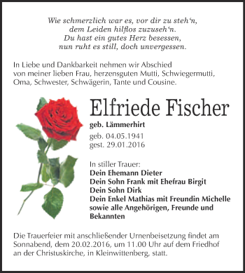 Traueranzeige von Elfriede Fischer von WVG - Wochenspiegel Wittenberg