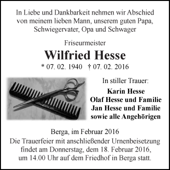 Traueranzeige von Wilfried Hesse von Super Sonntag SGH Mansf. Land