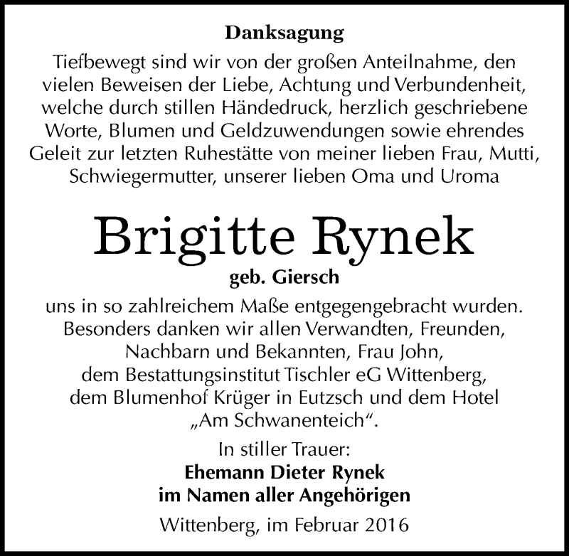  Traueranzeige für Brigitte Rynek vom 20.02.2016 aus Mitteldeutsche Zeitung Wittenberg