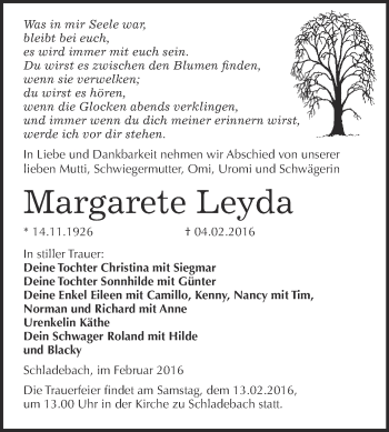 Traueranzeige von Margarete Leyda von Super Sonntag Merseburg