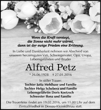 Traueranzeige von Alfred Petz von Mitteldeutsche Zeitung Dessau-Roßlau