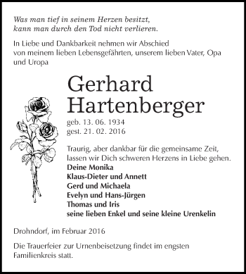 Traueranzeige von Gerhard Hartenberger von Super Sonntag Aschersleben