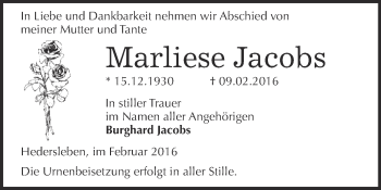 Traueranzeige von Marliese Jacobs von WVG - Wochenspiegel Quedlinburg