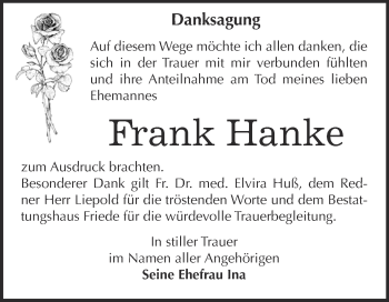 Traueranzeige von Frank Hanke von WVG - Wochenspiegel Dessau / Köthen