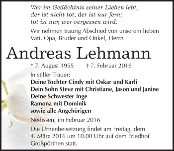 Traueranzeige von Andreas Lehmann von Mitteldeutsche Zeitung Zeitz
