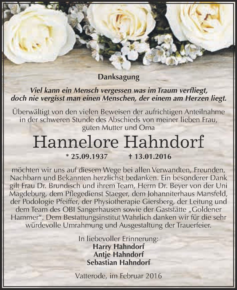  Traueranzeige für Hannelore Hahndorf vom 10.02.2016 aus Wochenspiegel Mansfelder Land