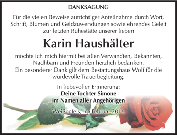 Traueranzeige von Karin Haushälter von Mitteldeutsche Zeitung Weißenfels
