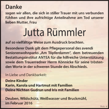 Traueranzeige von Jutta Rümmler von WVG - Wochenspiegel NMB / WSF / ZTZ