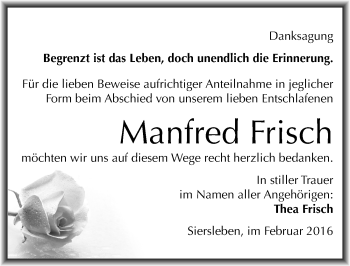 Traueranzeige von Manfred Frisch von Mitteldeutsche Zeitung Mansfelder Land