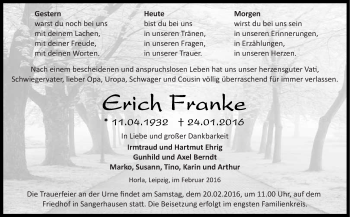 Traueranzeige von Erich Franke von Super Sonntag SGH Mansf. Land