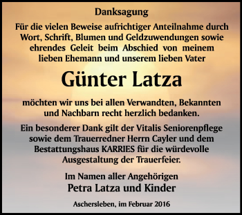 Traueranzeige von Günter Latza von WVG - Wochenspiegel Quedlinburg
