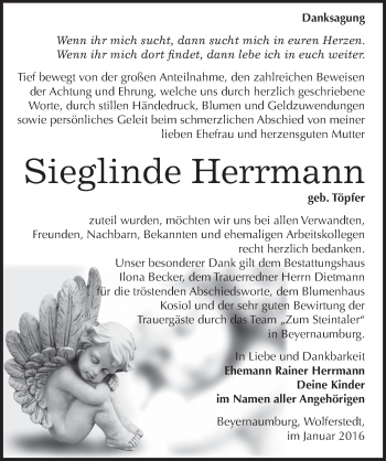 Traueranzeige von Sieglinde Herrmann von Mitteldeutsche Zeitung Sangerhausen