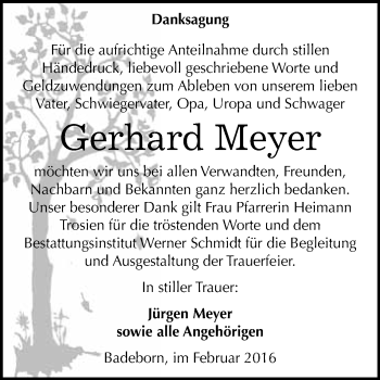 Traueranzeige von Gerhard Meyer von WVG - Wochenspiegel Quedlinburg