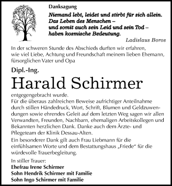 Traueranzeige von Harald Schirmer von Mitteldeutsche Zeitung Dessau-Roßlau
