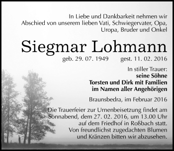 Traueranzeige von Siegmar Lohmann von Mitteldeutsche Zeitung Merseburg/Querfurt