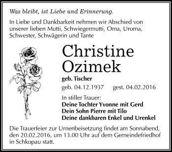 Traueranzeige von Christine Ozimek von WVG - Wochenspiegel Merseburg