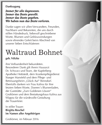 Traueranzeige von Waltraud Bohnet von Super Sonntag SGH Mansf. Land