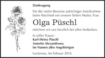 Traueranzeige von Olga Püschl von Super Sonntag Zeitz