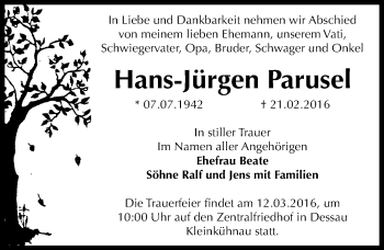Traueranzeige von Hans-Jürgen Parusel von Mitteldeutsche Zeitung Dessau-Roßlau