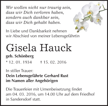 Traueranzeige von Gisela Hauck von Mitteldeutsche Zeitung Bitterfeld