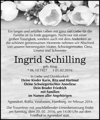 Traueranzeige von Ingrid Schilling von Mitteldeutsche Zeitung Sangerhausen