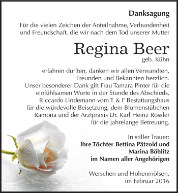 Traueranzeige von Regina Beer von Mitteldeutsche Zeitung Weißenfels