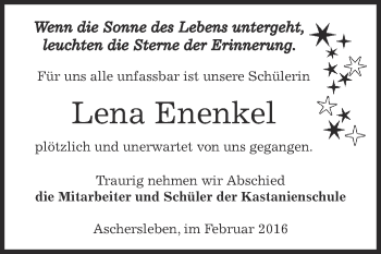 Traueranzeige von Lena Enenkel von WVG - Wochenspiegel Aschersleben