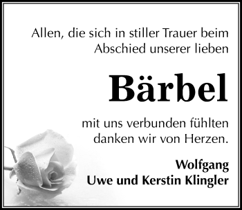 Traueranzeige von Bärbel Klingler von Mitteldeutsche Zeitung Bitterfeld